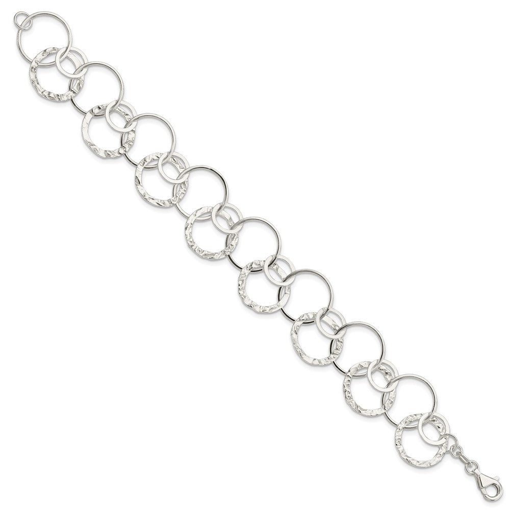 Sterling Silver Polished Textured Fancy Circle Link Bracelet