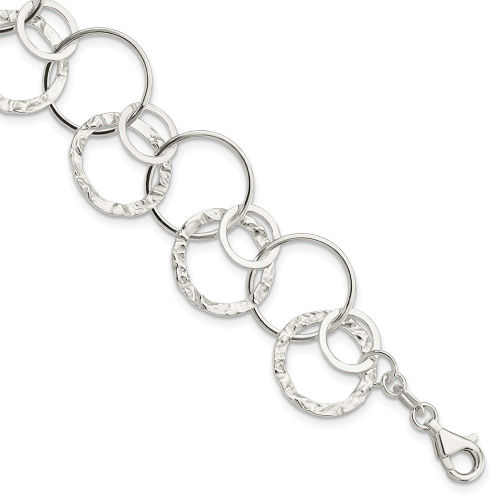 Sterling Silver Polished Textured Fancy Circle Link Bracelet