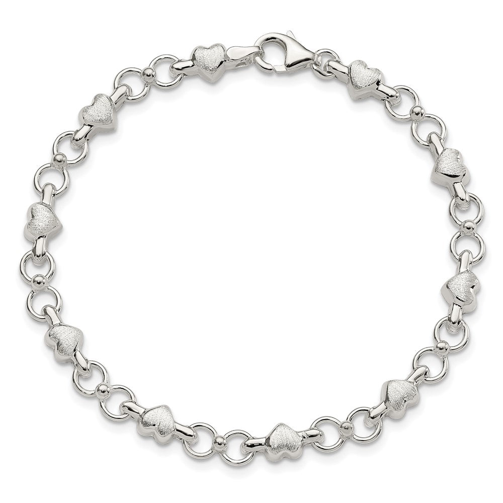 Sterling Silver Polished and Brushed Hearts and Circles Bracelet