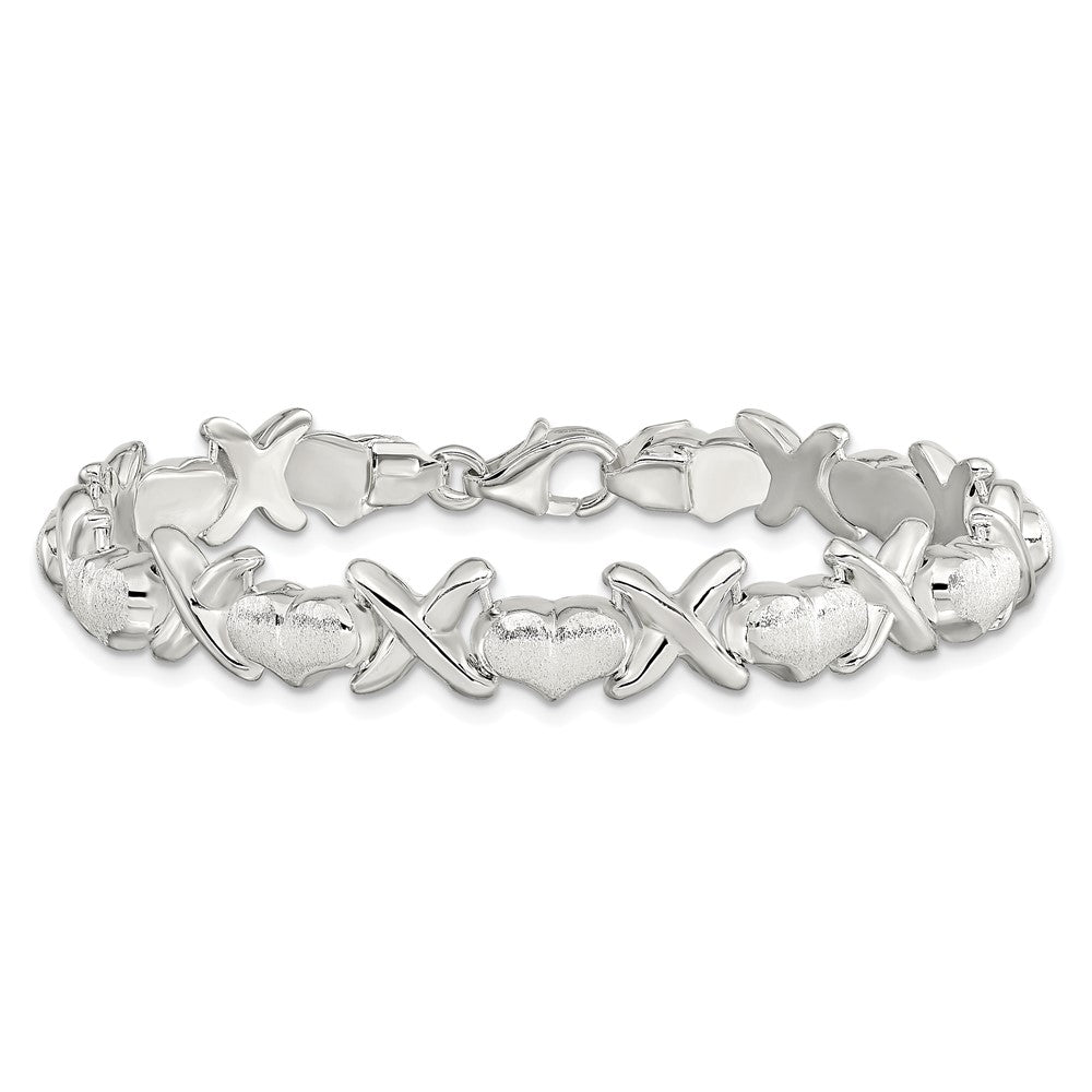 Sterling Silver Polished and Satin X and Hearts Bracelet