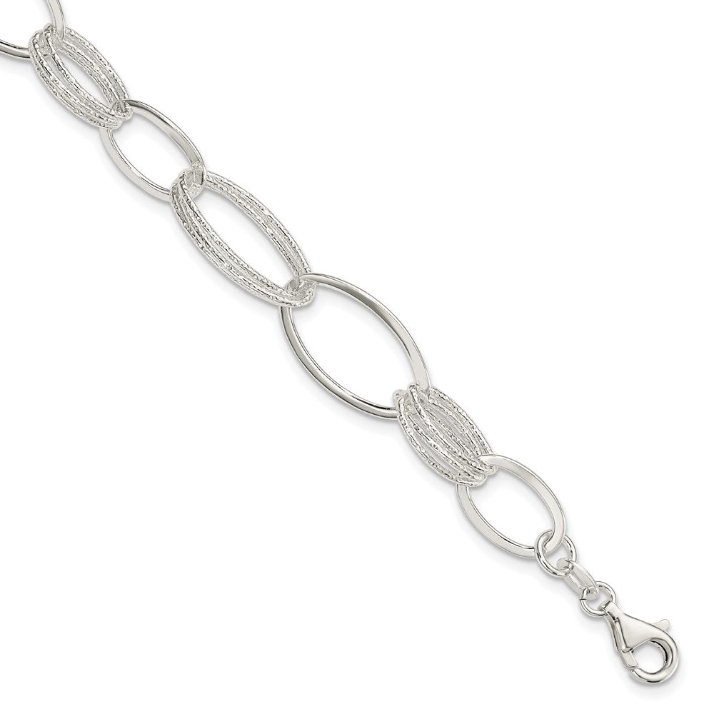 Sterling Silver Polished and Textured Oval Link Bracelet