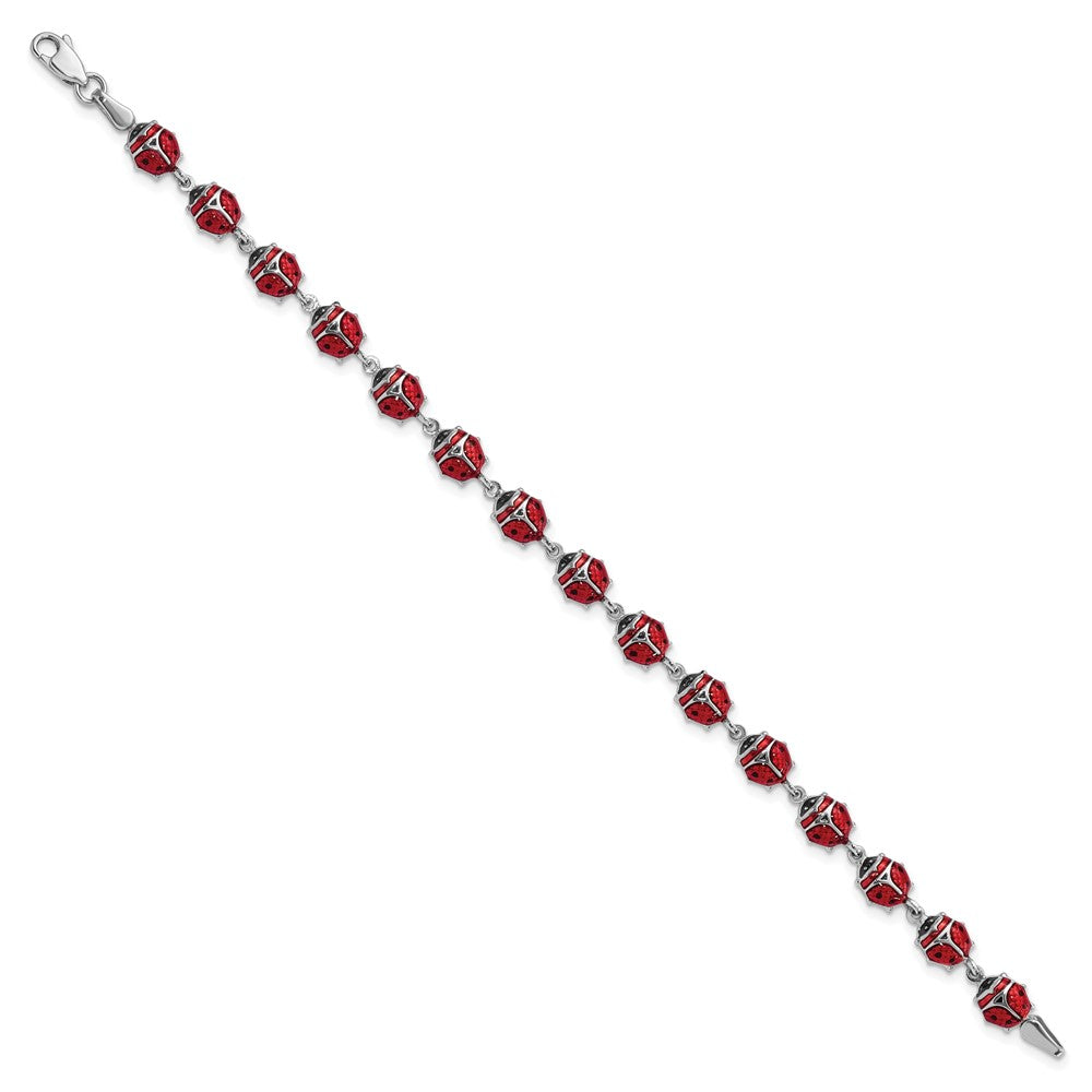 Sterling Silver Rhodium Polished Enameled Lady Bug Bracelet