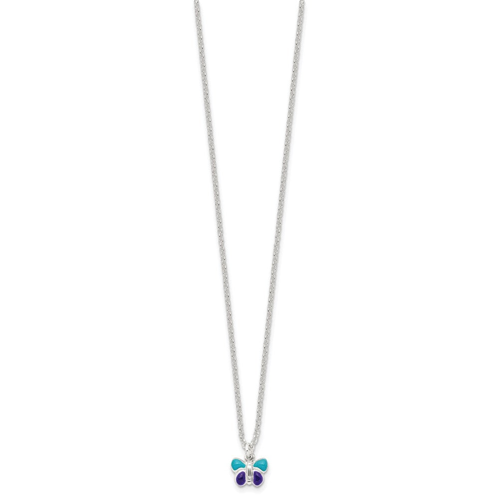 Sterling Silver Polished Blue & Purple Enameled Butterfly with 1.5inch Extension Children's Necklace