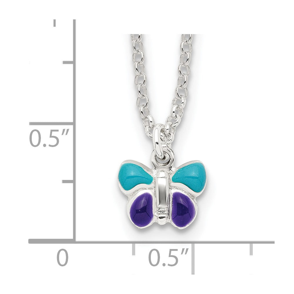 Sterling Silver Polished Blue & Purple Enameled Butterfly with 1.5inch Extension Children's Necklace