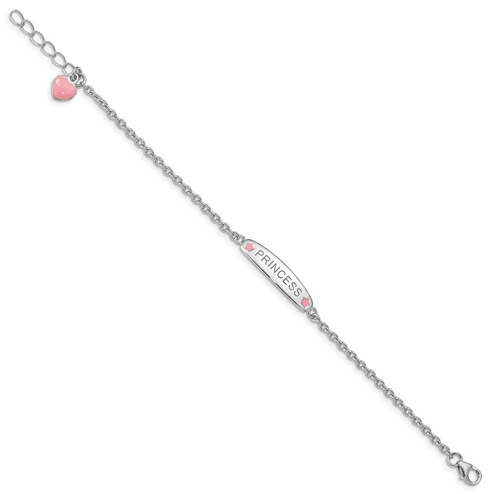 Sterling Silver Rhodium-plated Polished & Pink Enameled PRINCESS with 1 Inch Extension Children's Bracelet