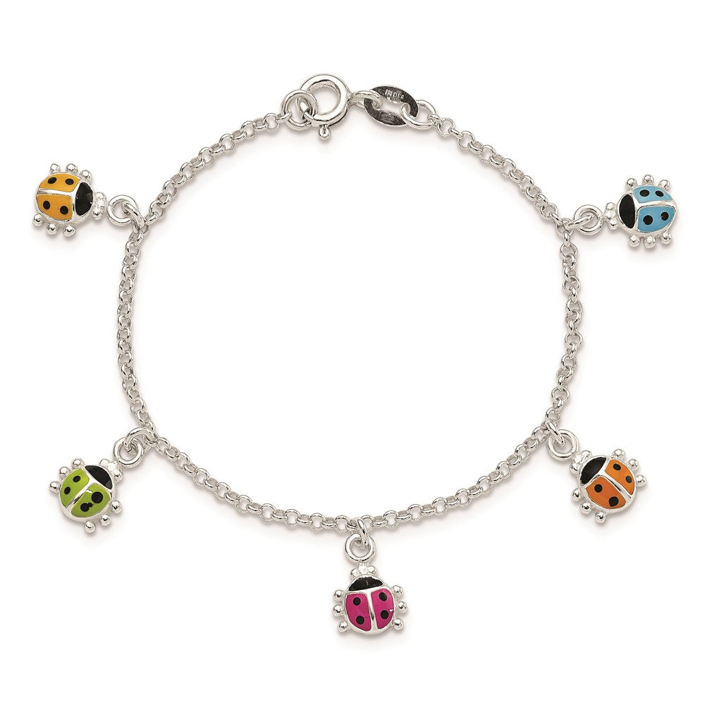 Sterling Silver Polished Multi-color Enameled Ladybugs Children's Bracelet