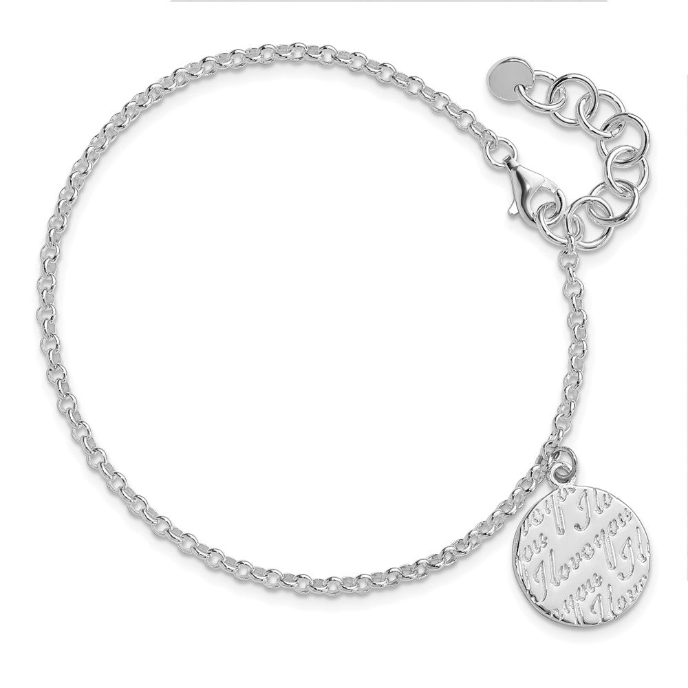 Sterling Silver Polished I Love You Circle Disc w/1in. Ext. Bracelet