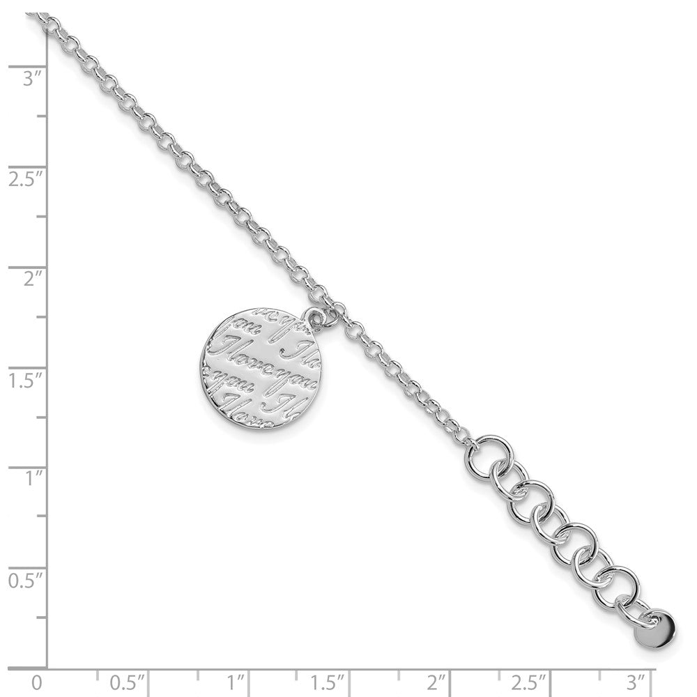 Sterling Silver Polished I Love You Circle Disc w/1in. Ext. Bracelet