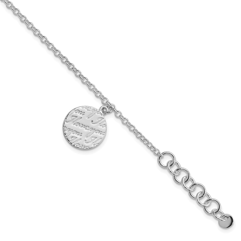 Sterling Silver Polished I Love You Circle Disc w/1in. Ext. Bracelet