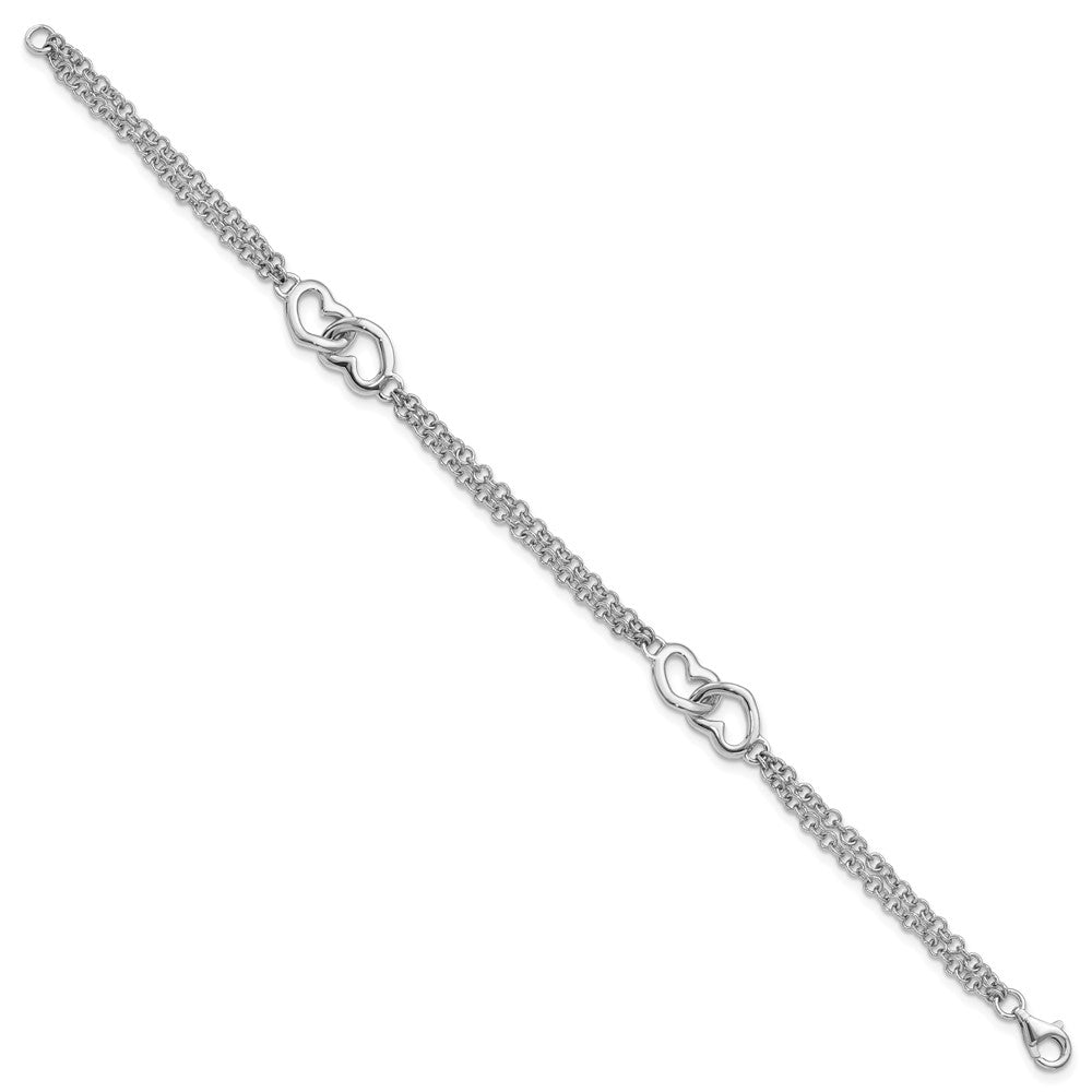 Sterling Silver Rhodium-plated Hearts Double Chain Bracelet