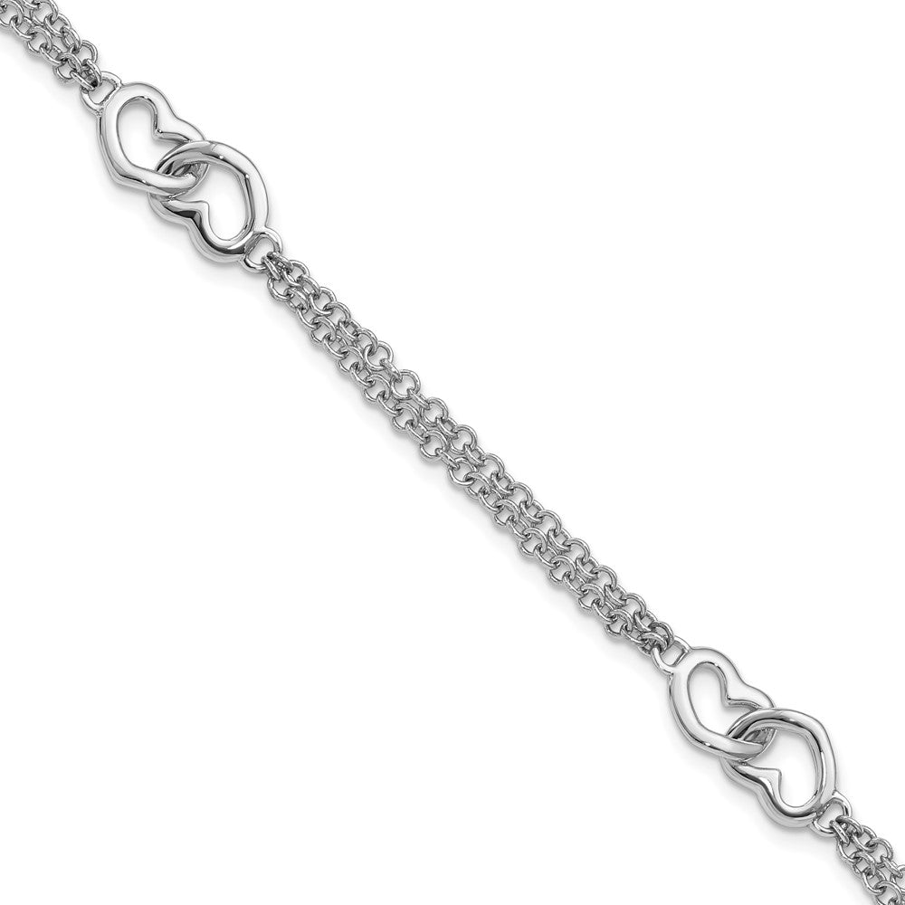 Sterling Silver Rhodium-plated Hearts Double Chain Bracelet