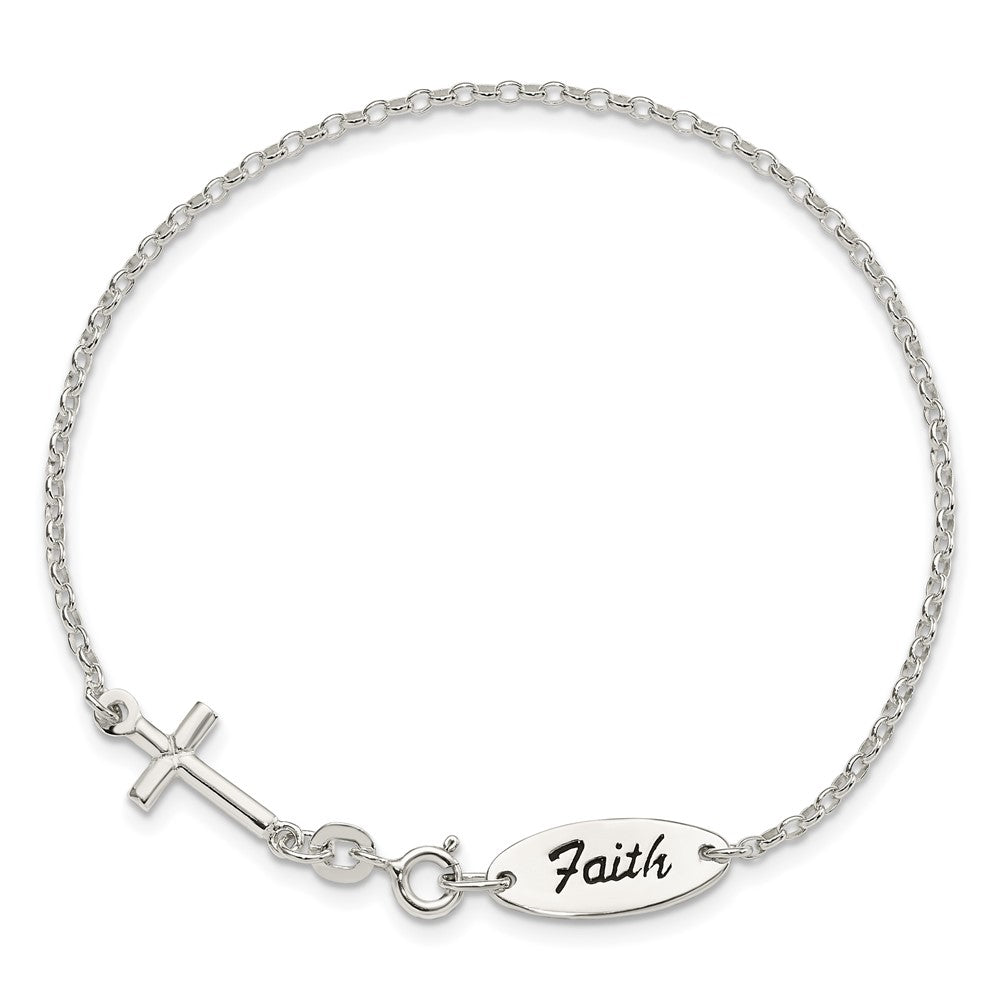 Sterling Silver Polished Enamel FAITH and Cross Bracelet