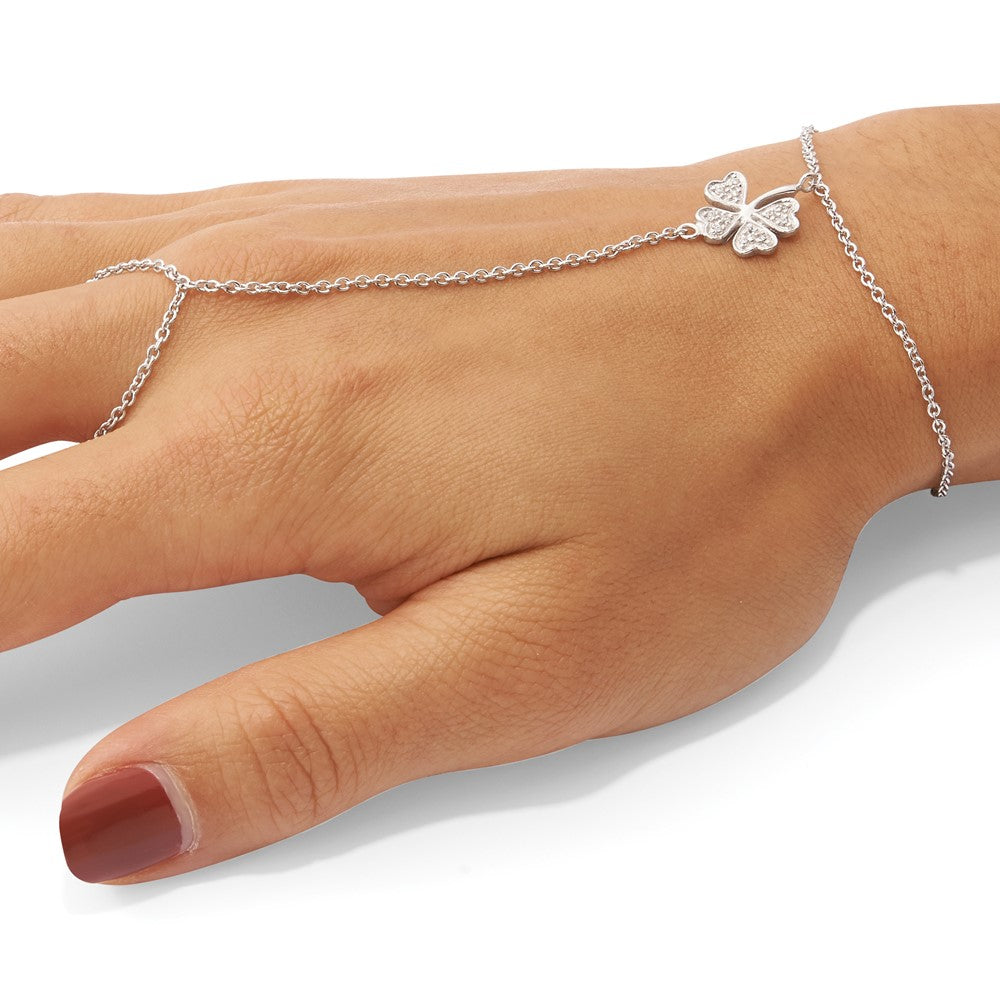 Sterling Silver RH-plat Polished CZ Four Leaf Clover Attached Ring/Bracelet