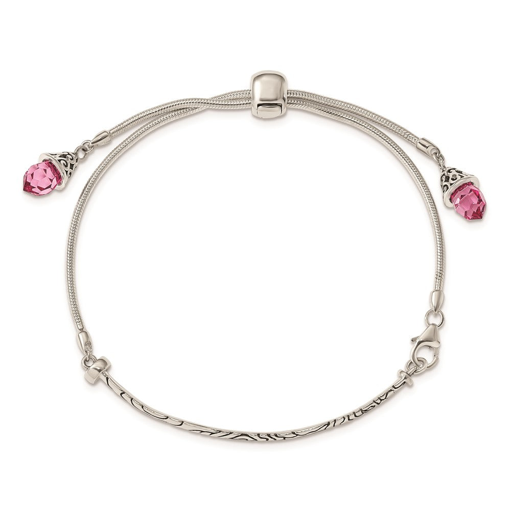 Sterling Silver Antiqued Pink Crystal Briolette Adjustable Bracelet