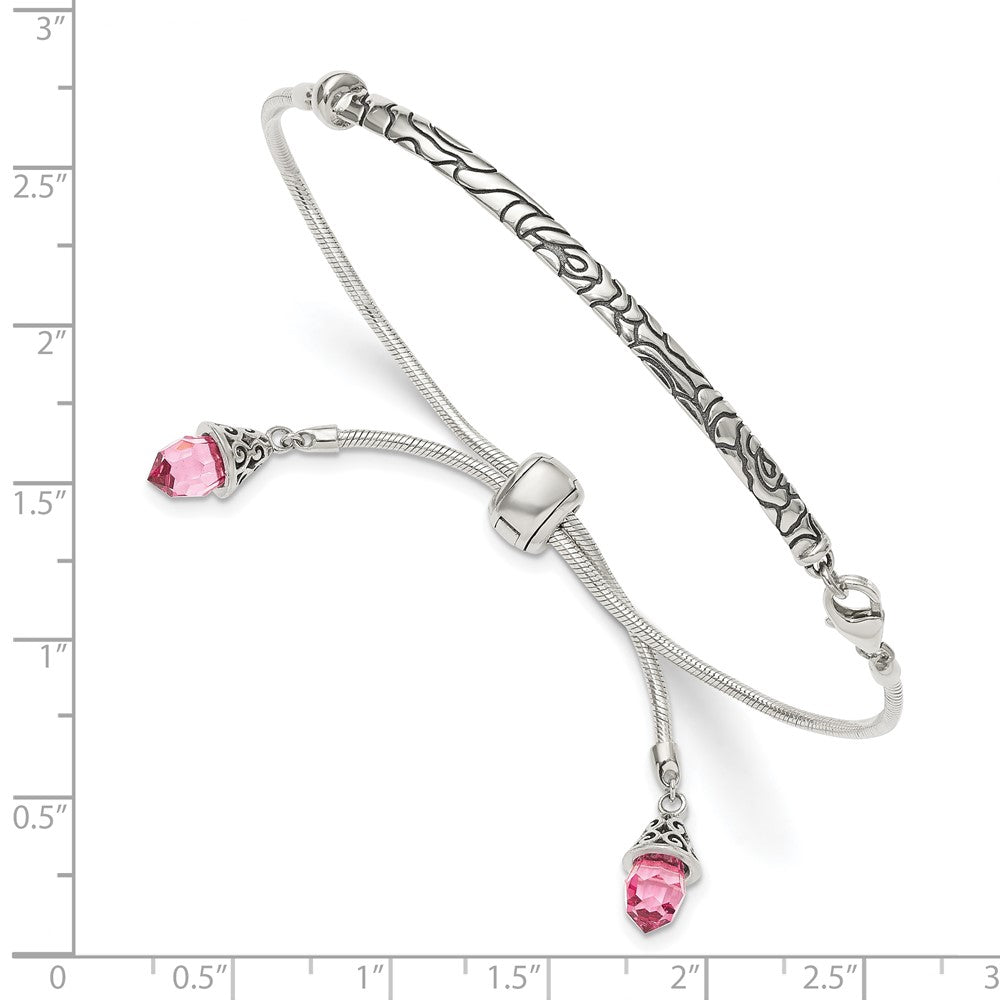 Sterling Silver Antiqued Pink Crystal Briolette Adjustable Bracelet