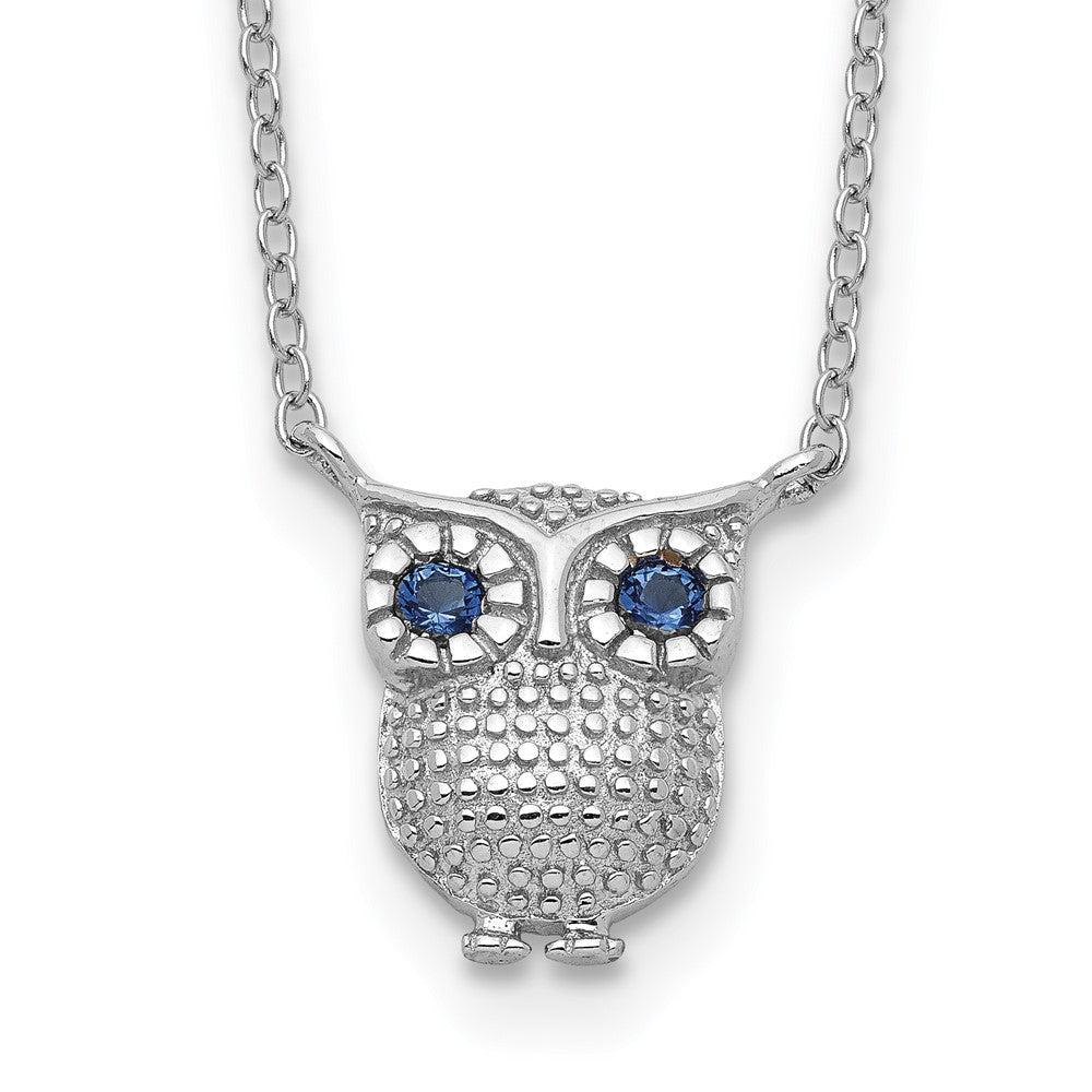 Sterling Silver RH-pltd Blue Glass Stone Owl 2in ext Necklace