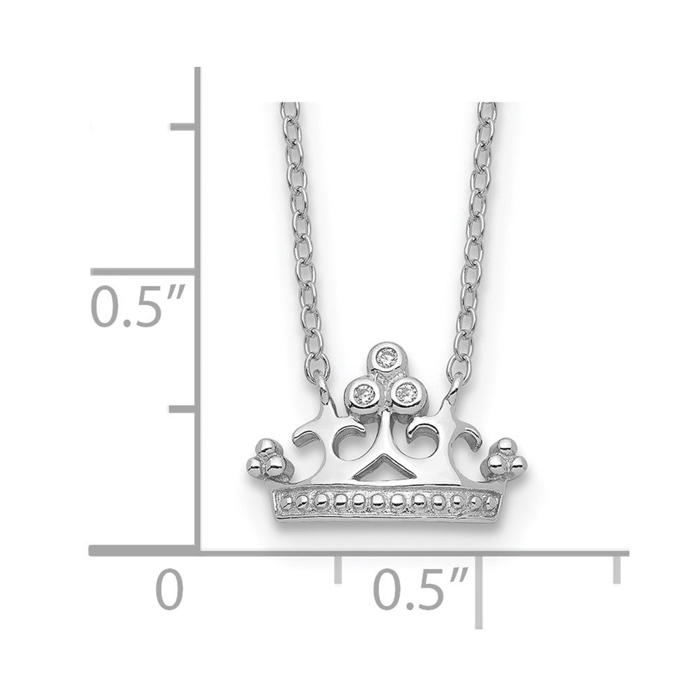 Sterling Silver Rhodium-plated Polished & Beaded CZ Crown with 2 Inch Extension Necklace