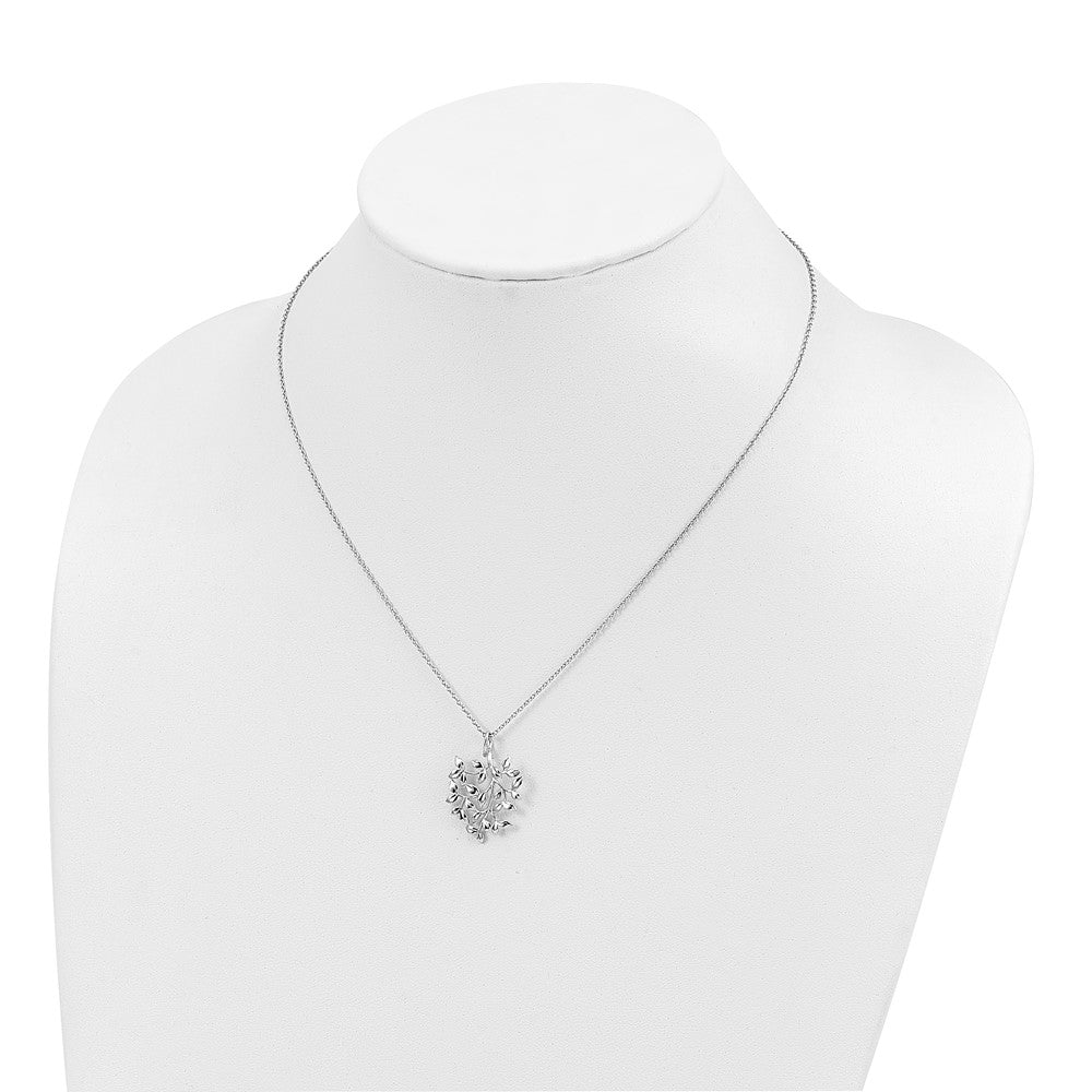 Sterling Silver Rhodium-plated Polished CZ Leaf Necklace