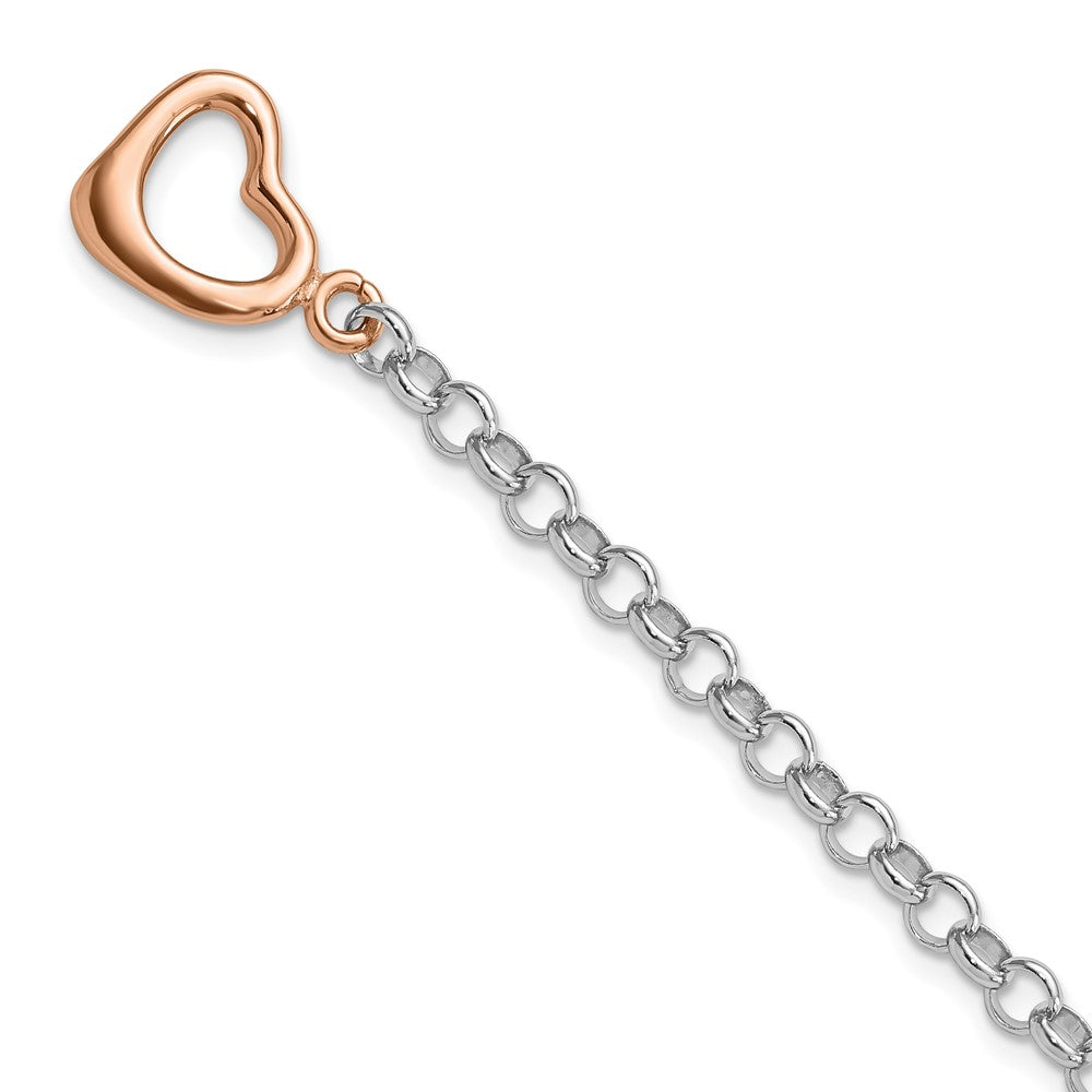 Sterling Silver Rhodium-plated Rose-tone Rolo w/Heart Bracelet