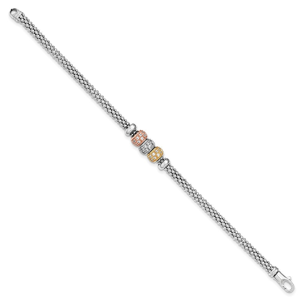 Sterling Silver Rose And Yellow Gold Tone CZ Beads Mesh Bracelet