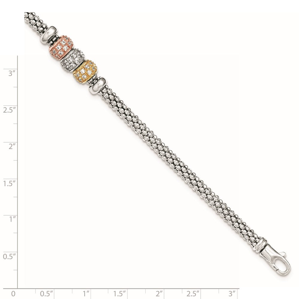 Sterling Silver Rose And Yellow Gold Tone CZ Beads Mesh Bracelet