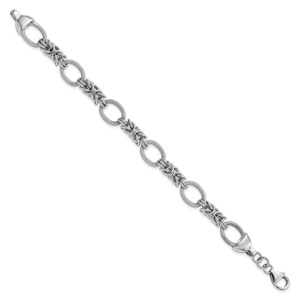 Sterling Silver Rhod-plated Polished Textured Fancy Link Bracelet