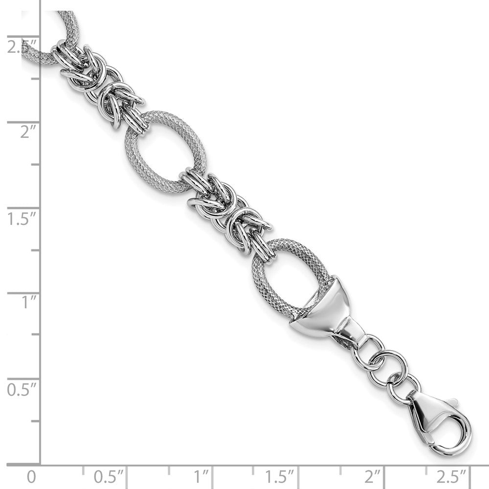 Sterling Silver Rhod-plated Polished Textured Fancy Link Bracelet