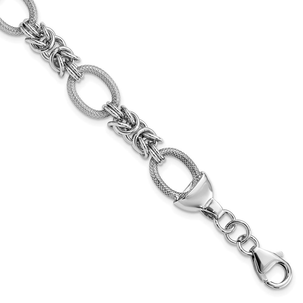 Sterling Silver Rhod-plated Polished Textured Fancy Link Bracelet