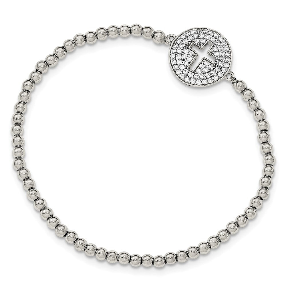 Sterling Silver Rhodium-plated CZ Cross Polished Beaded Stretch Bracelet