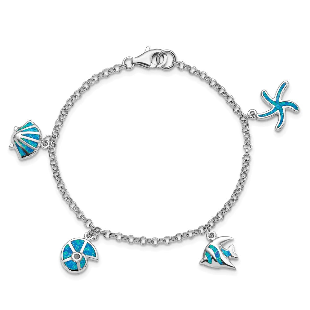 Sterling Silver Rhodium Created Opal Fish and Shells Charm 7.25 inch Bracelet