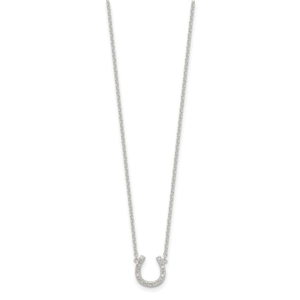 Sterling Silver Polished CZ Horseshoe w/ 1 inch ext Necklace