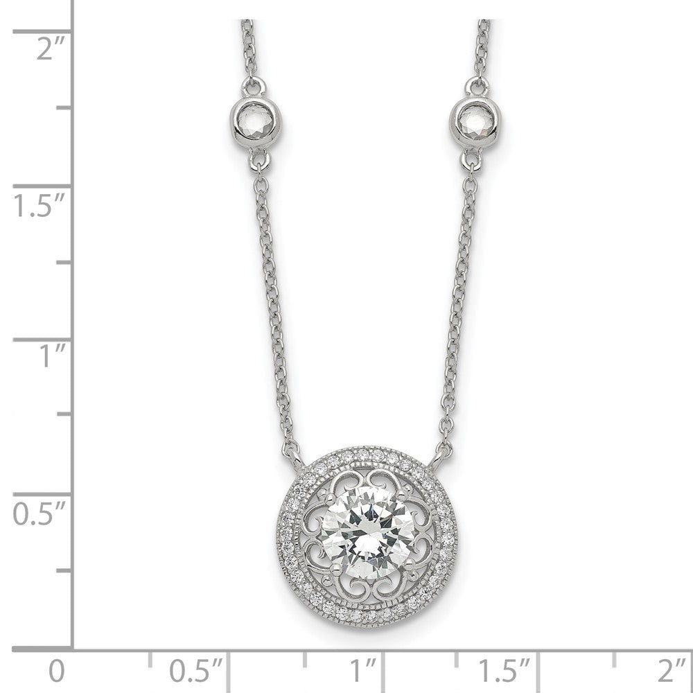 Sterling Silver RH-plated Round CZ Pendant w/2in. ext. 4-Station Necklace