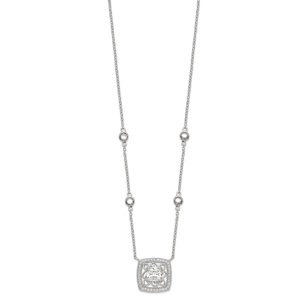 Sterling Silver Rhod-pltd Square CZ Pendant w/2in ext 4-Station Necklace