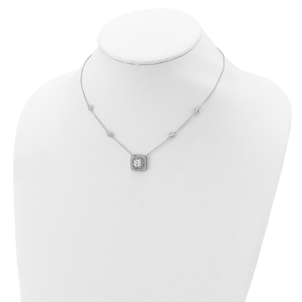 Sterling Silver Rhod-pltd Square CZ Pendant w/2in ext 4-Station Necklace