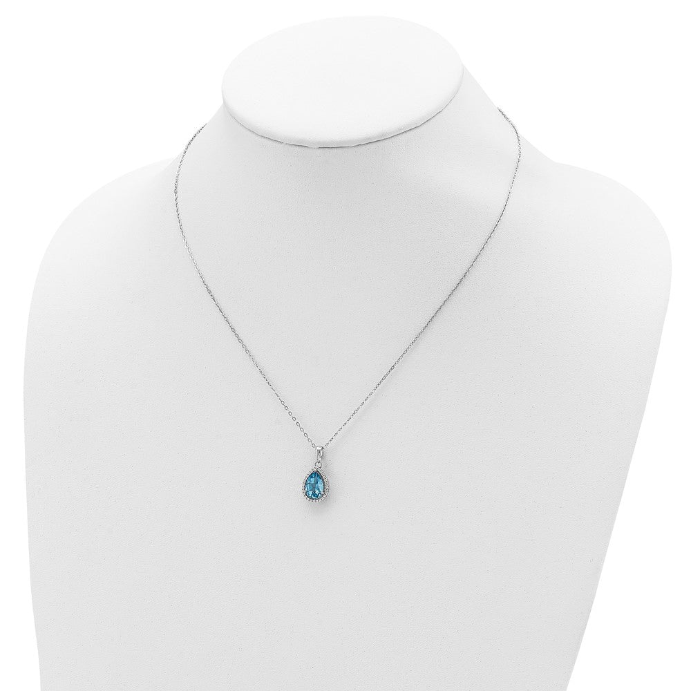 Sterling Silver Rhodium Polished Blue Topaz & CZ Necklace