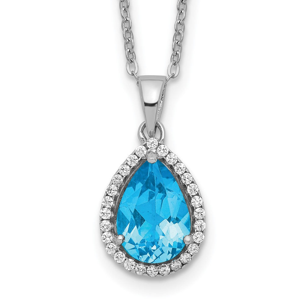 Sterling Silver Rhodium Polished Blue Topaz & CZ Necklace