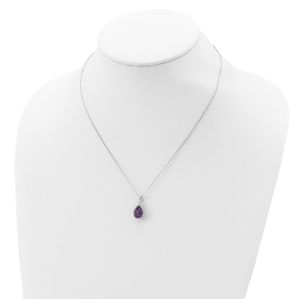 Sterling Silver Rhodium Polished Amethyst & CZ Necklace