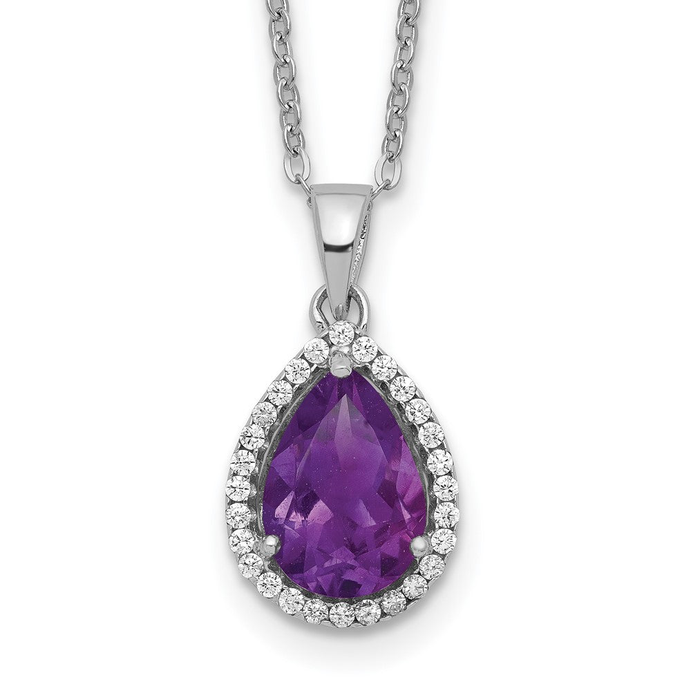 Sterling Silver Rhodium Polished Amethyst & CZ Necklace