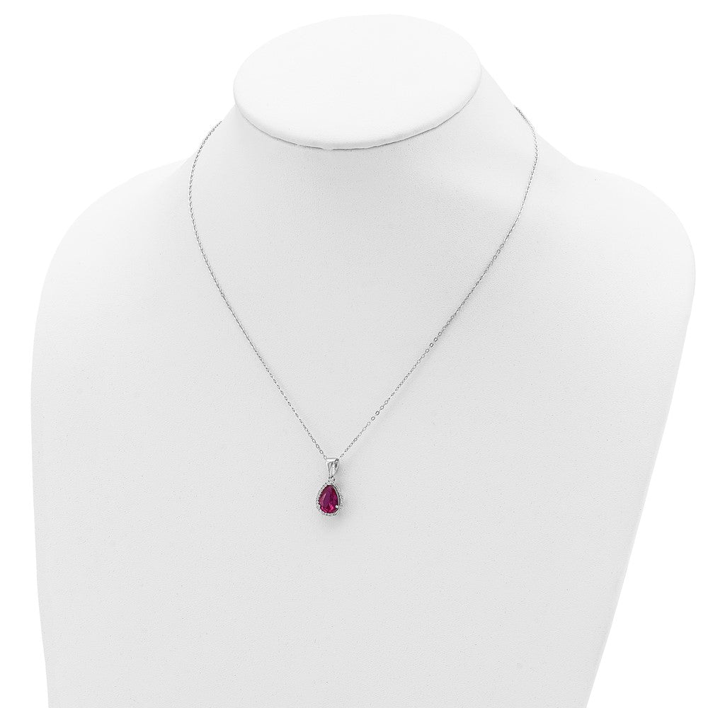 Sterling Silver 18in Rhodium Plated Polished Clear CZ and Lab Created Ruby Pear Shaped Necklace