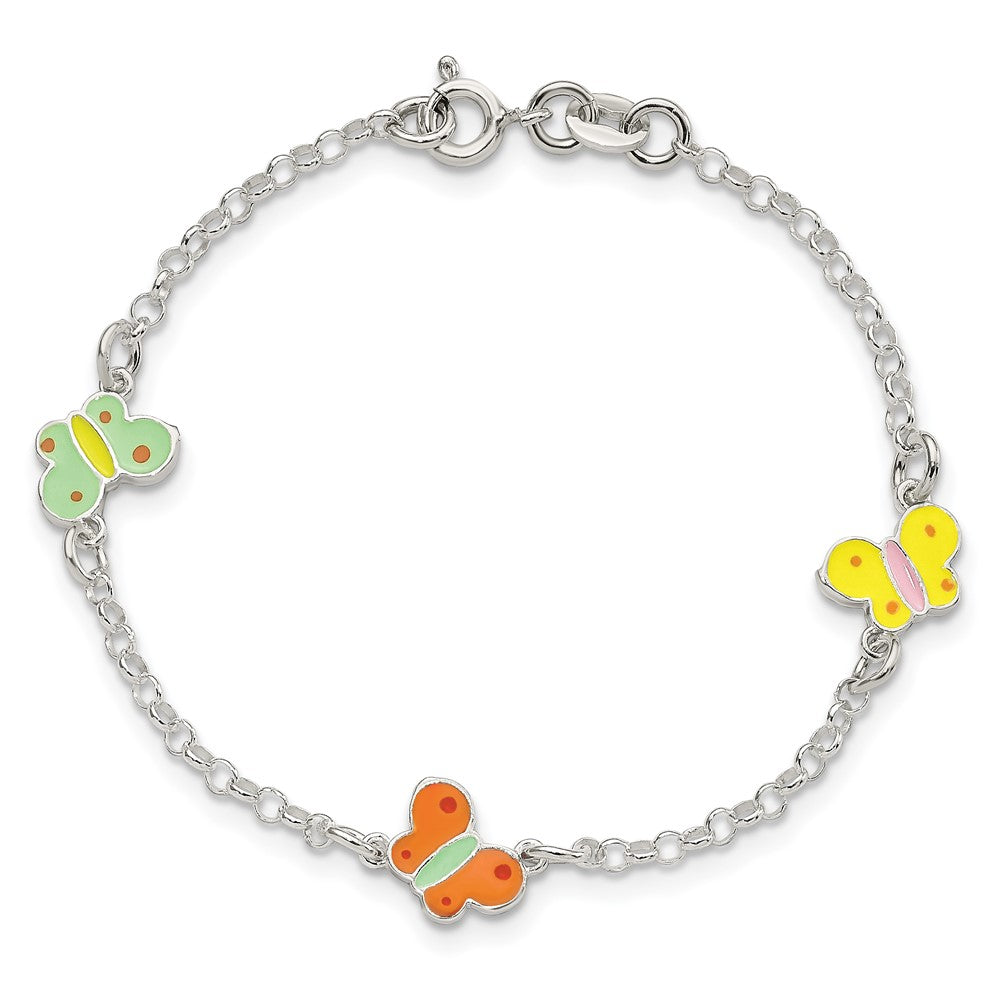 Sterling Silver Polished Multi-color Enamel Butterflies Children's Bracelet