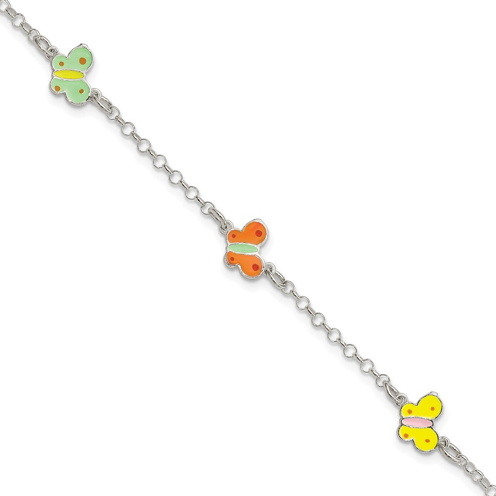 Sterling Silver Polished Multi-color Enamel Butterflies Children's Bracelet