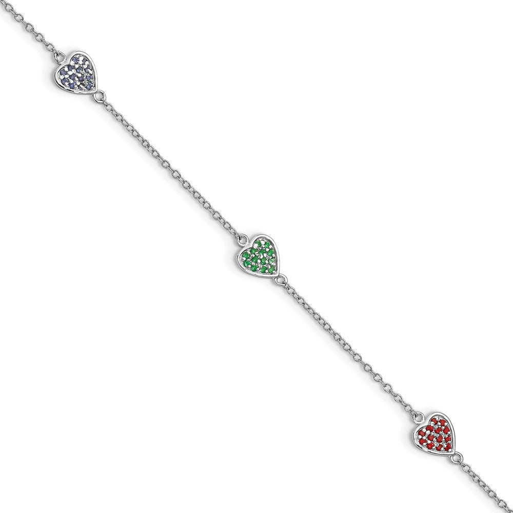 Sterling Silver Rhodium-plated Red, Green and Blue Glass Hearts with 1 Inch Extension Bracelet