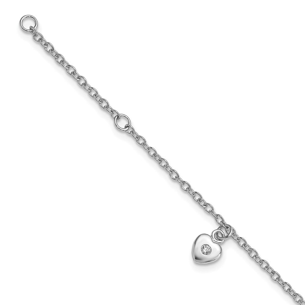 Sterling Silver RH-plated Polished CZ Heart w/ 1in ext. Children's Bracelet