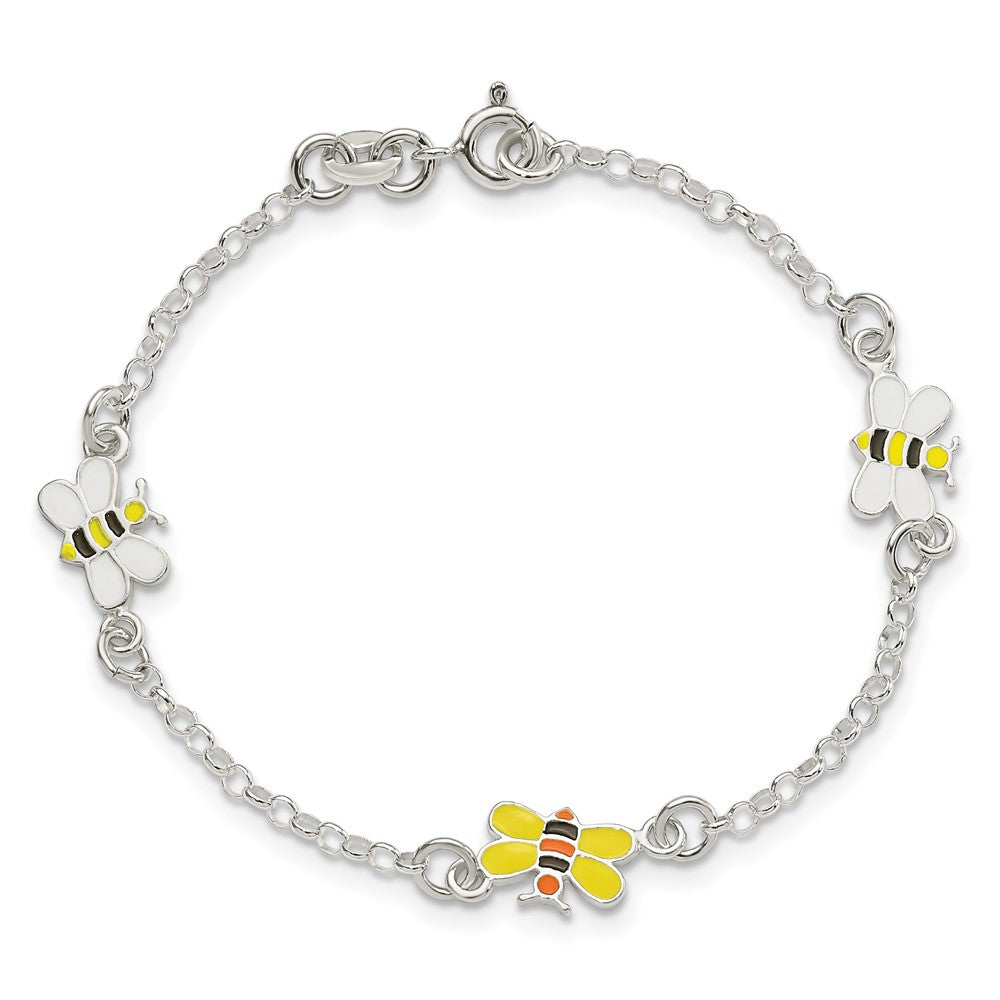 Sterling Silver Polished & Enameled Bees Children's Bracelet