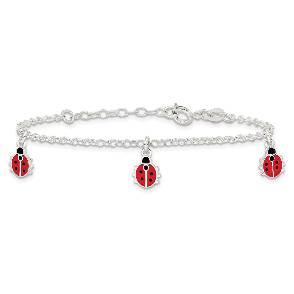 Sterling Silver Polished Enameled Ladybugs w/ 1in ext. Children's Bracelet