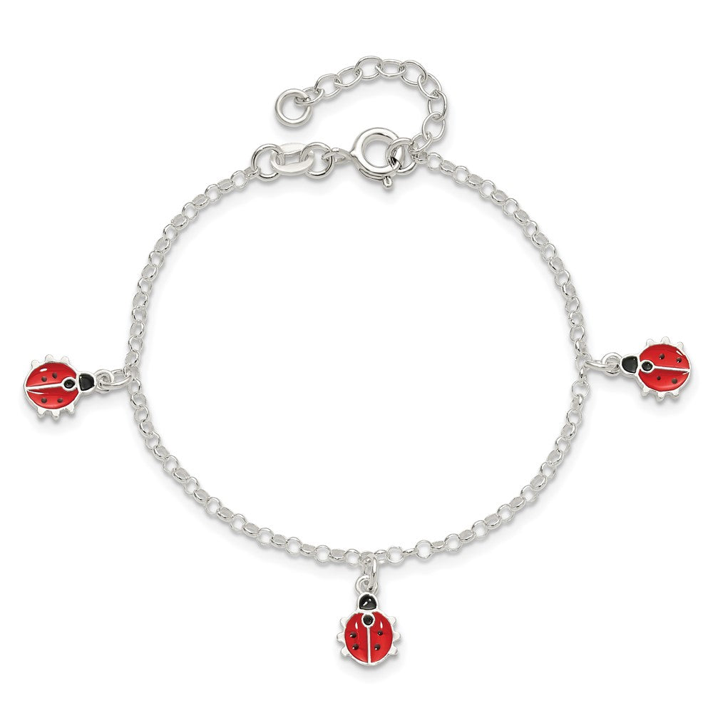 Sterling Silver Polished Enameled Ladybugs w/ 1in ext. Children's Bracelet