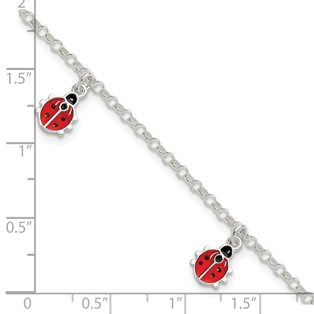 Sterling Silver Polished Enameled Ladybugs w/ 1in ext. Children's Bracelet