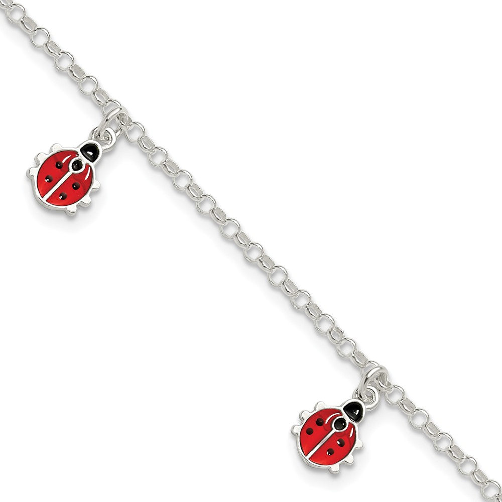 Sterling Silver Polished Enameled Ladybugs w/ 1in ext. Children's Bracelet