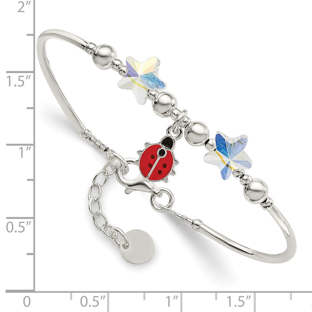 Sterling Silver Polished Enameled Ladybug & Crystal Stars with .75 Inch Extension Children's Bracelet