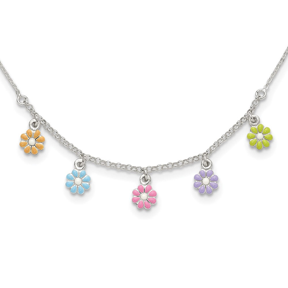 Sterling Silver Polished Multi-color Enameled Flowers Children's Necklace